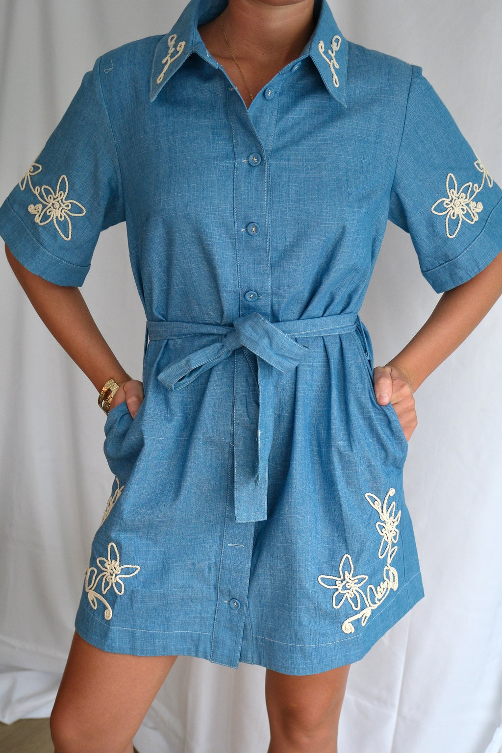 Embroidered Denim Shirt Dress