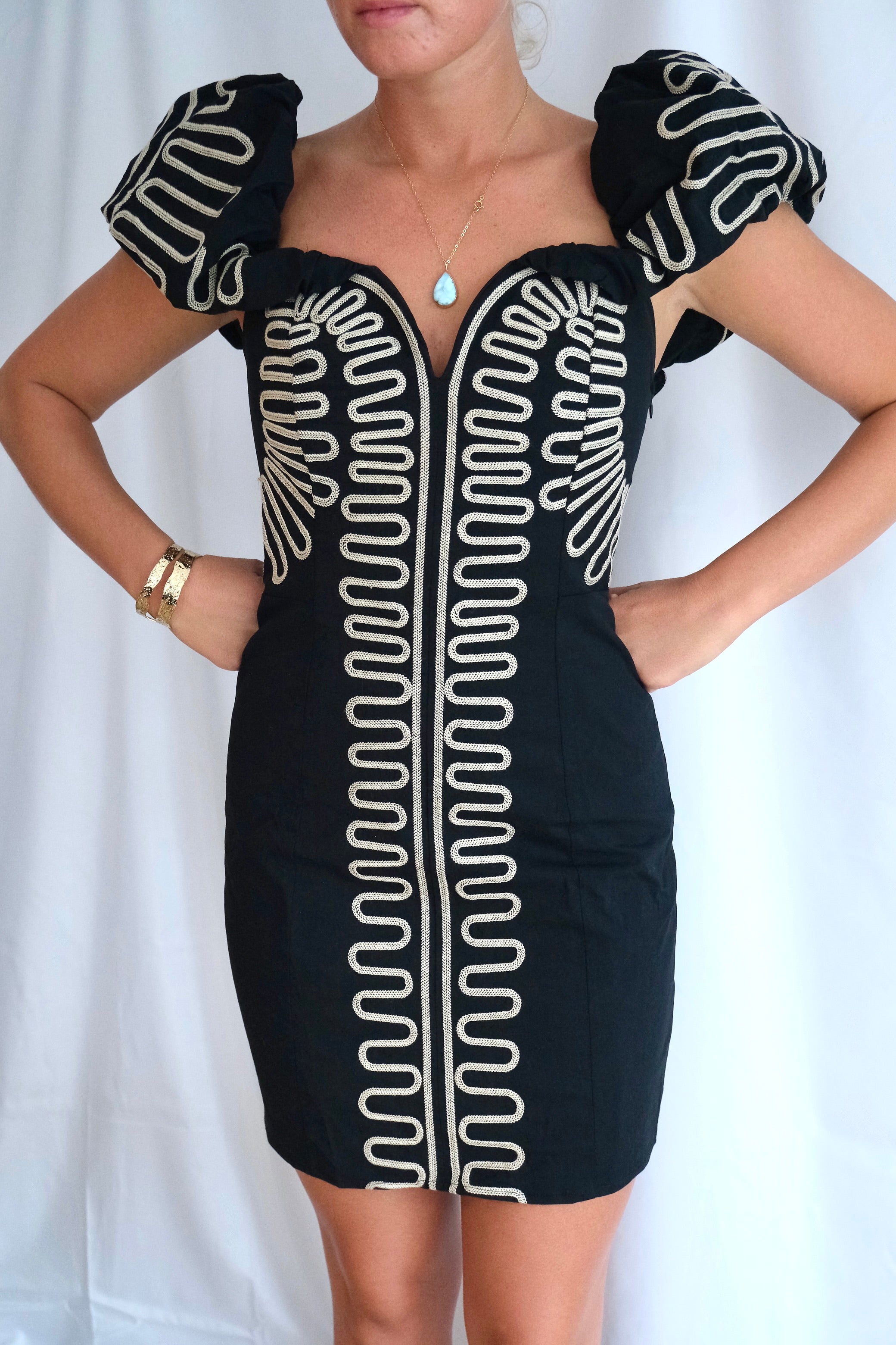 Embroidered Puff Sleeve Mini Dress
