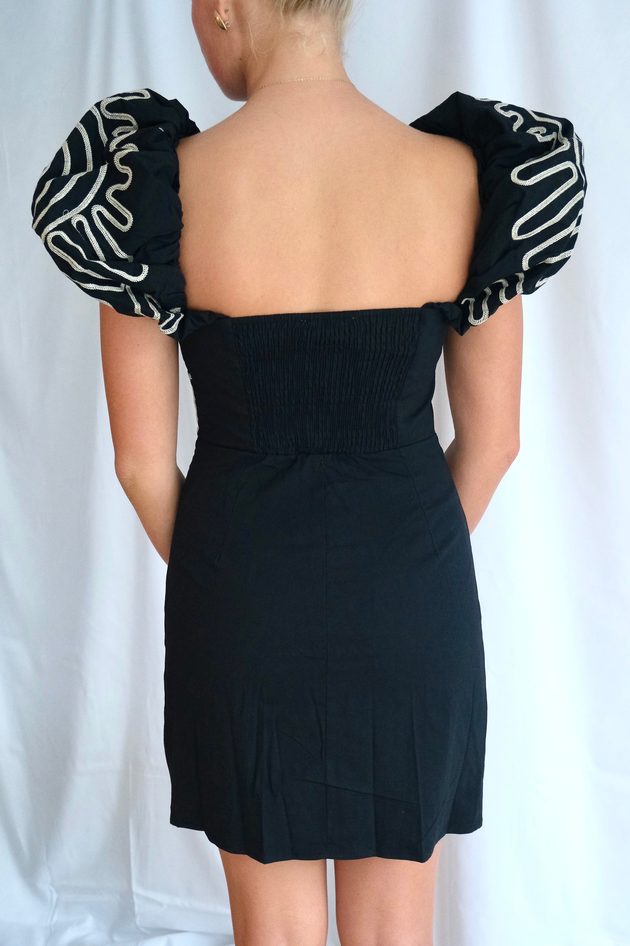 Embroidered Puff Sleeve Mini Dress
