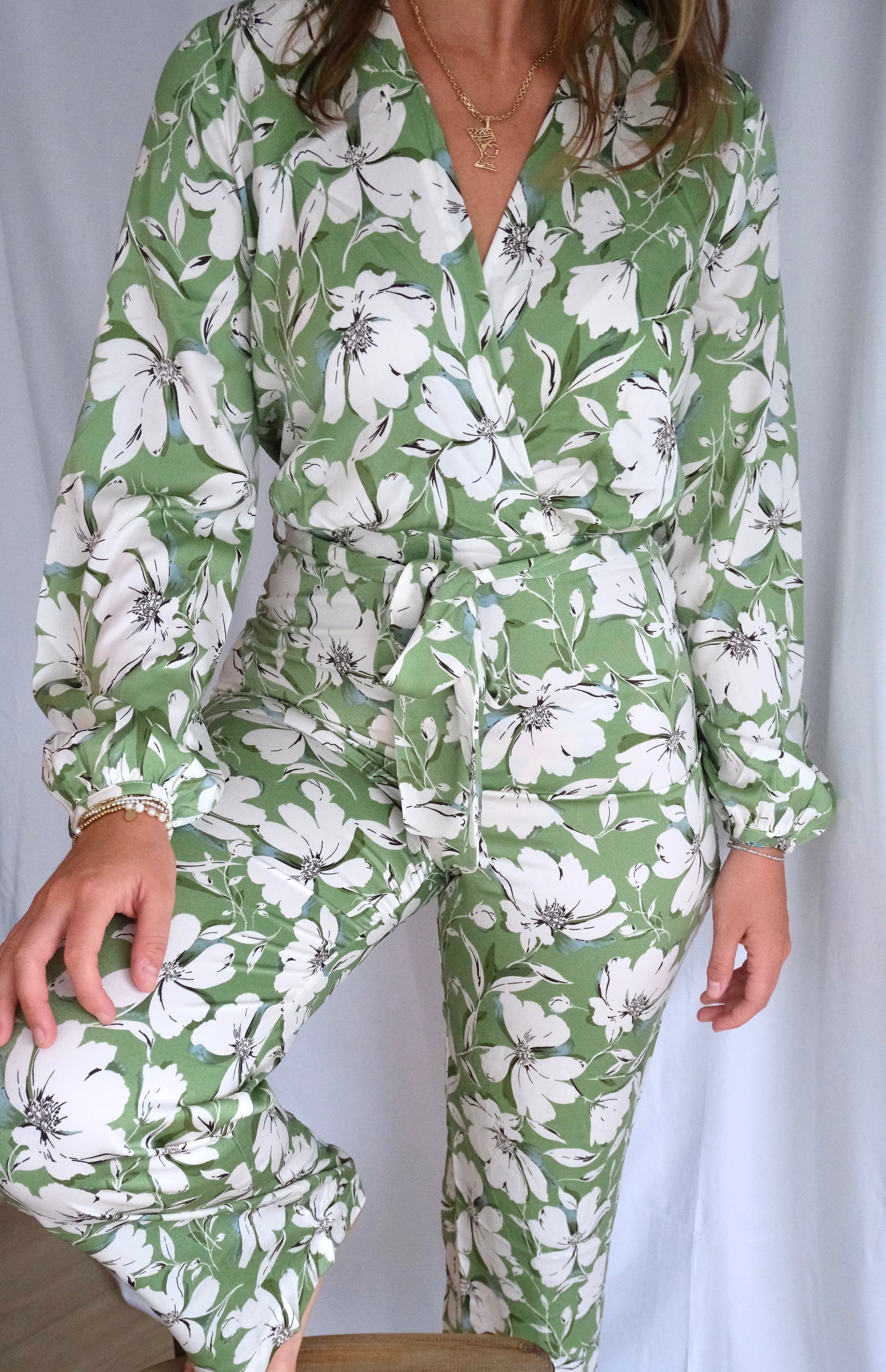 Green Floral Belted Jumpsuit