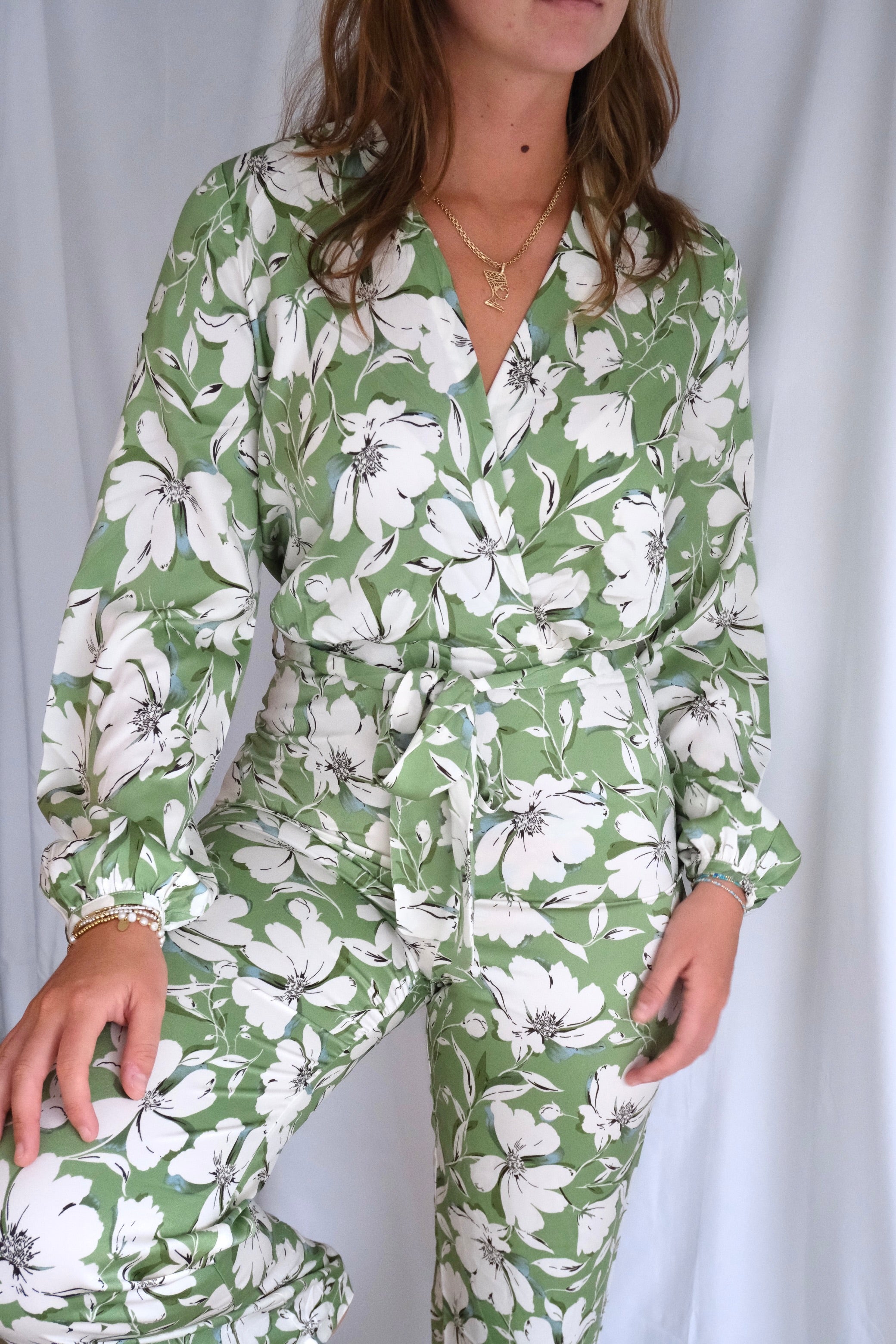 Green Floral Belted Jumpsuit