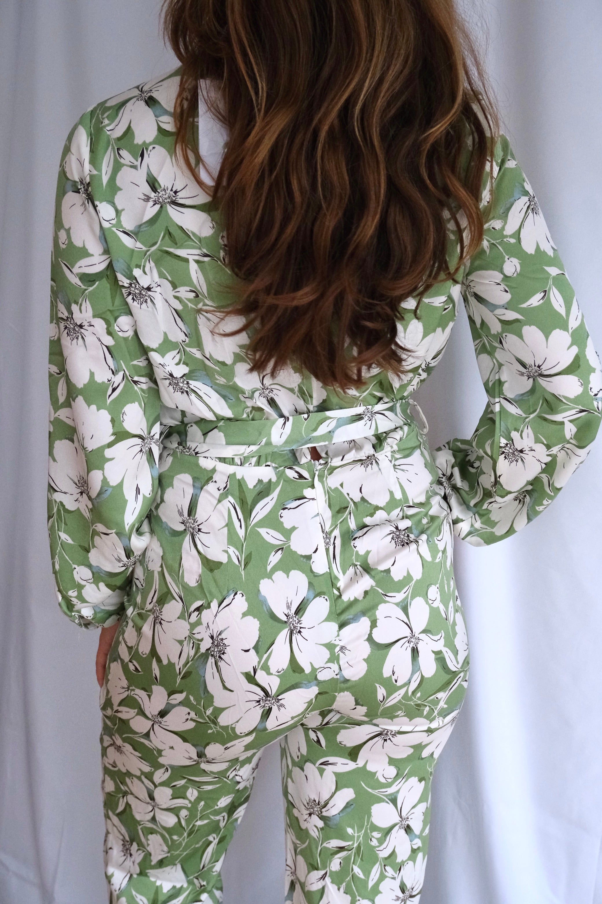 Green Floral Belted Jumpsuit