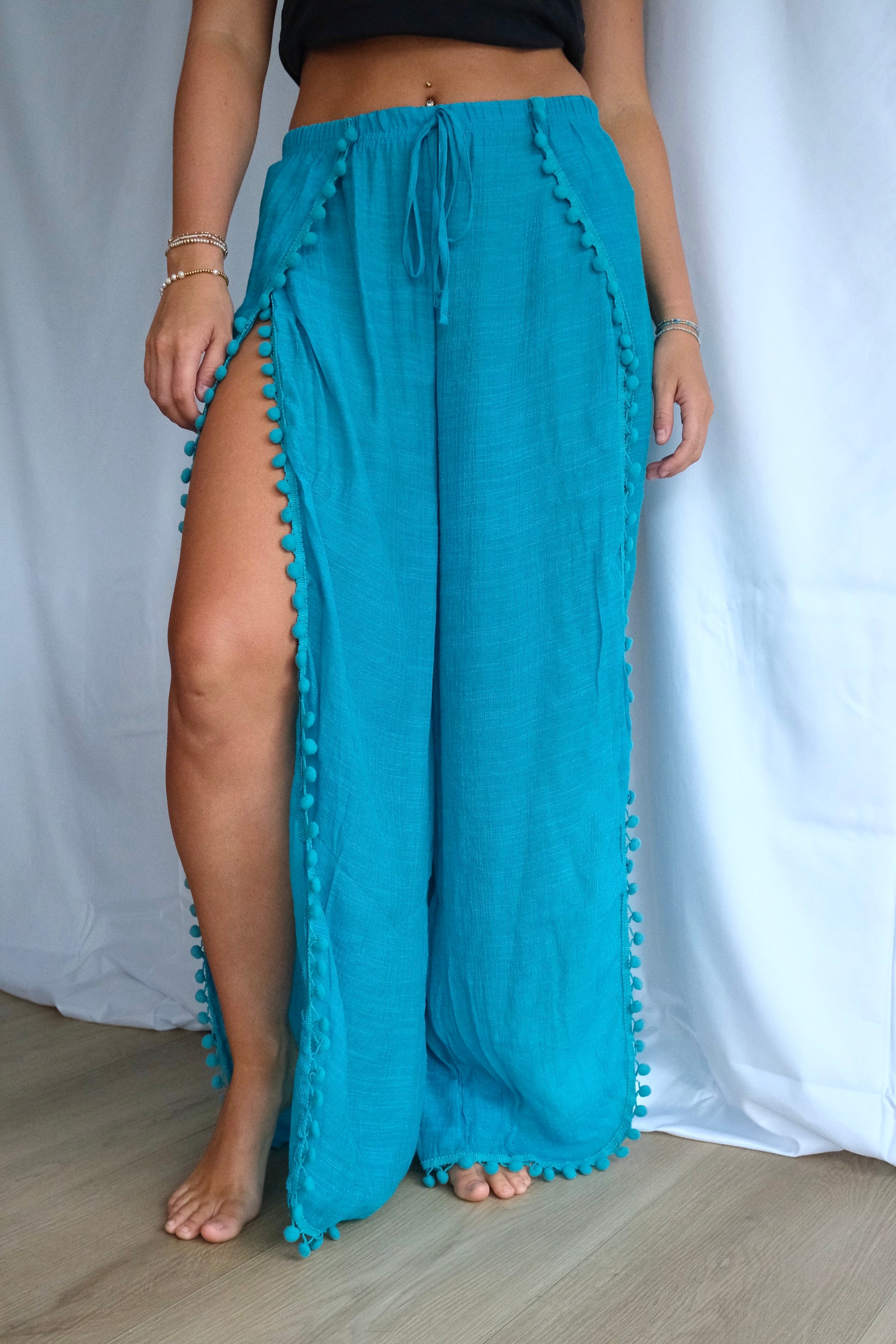 Side-Slit Pom Trim Beach Pants