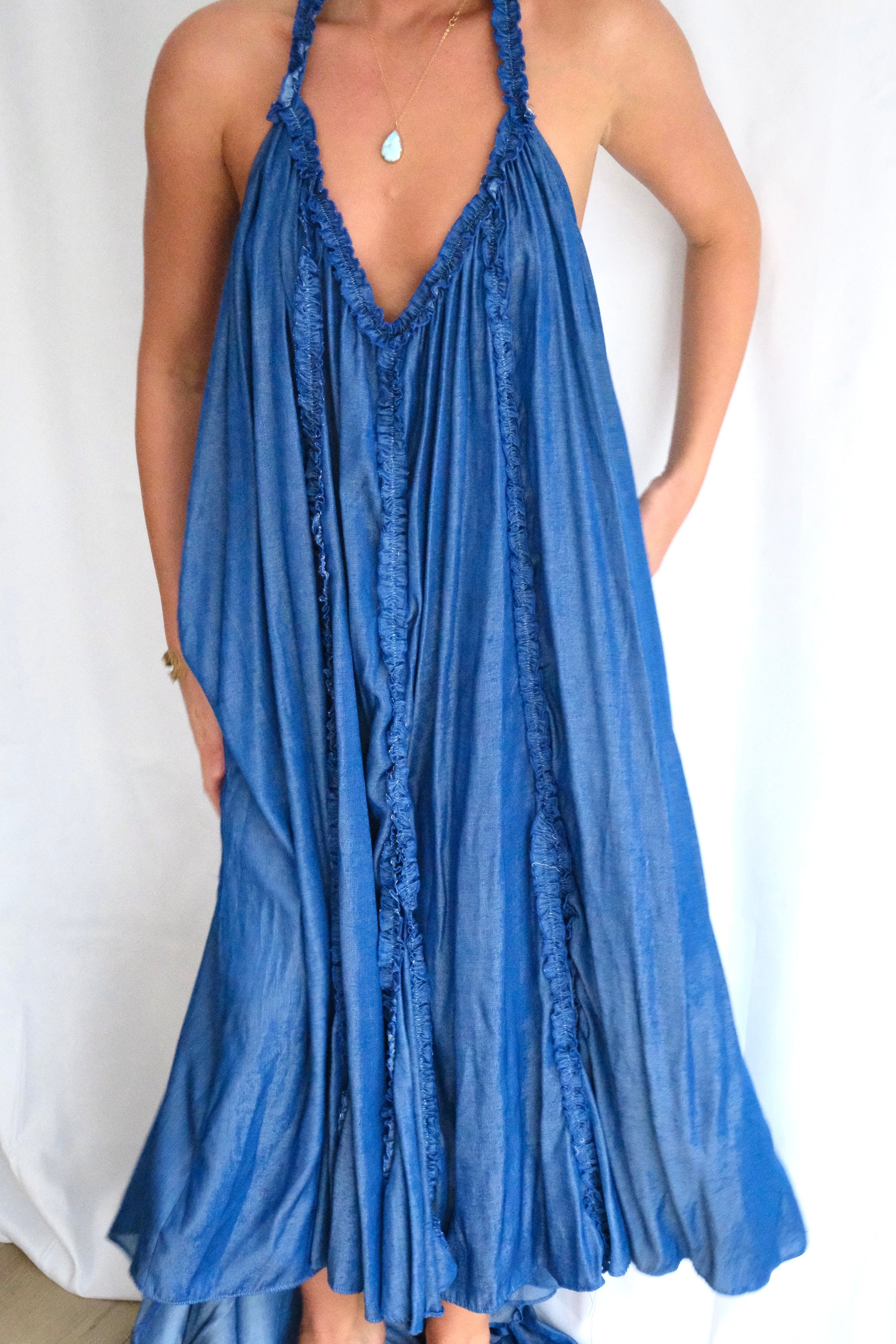 Indigo Ruffle Halter Dress