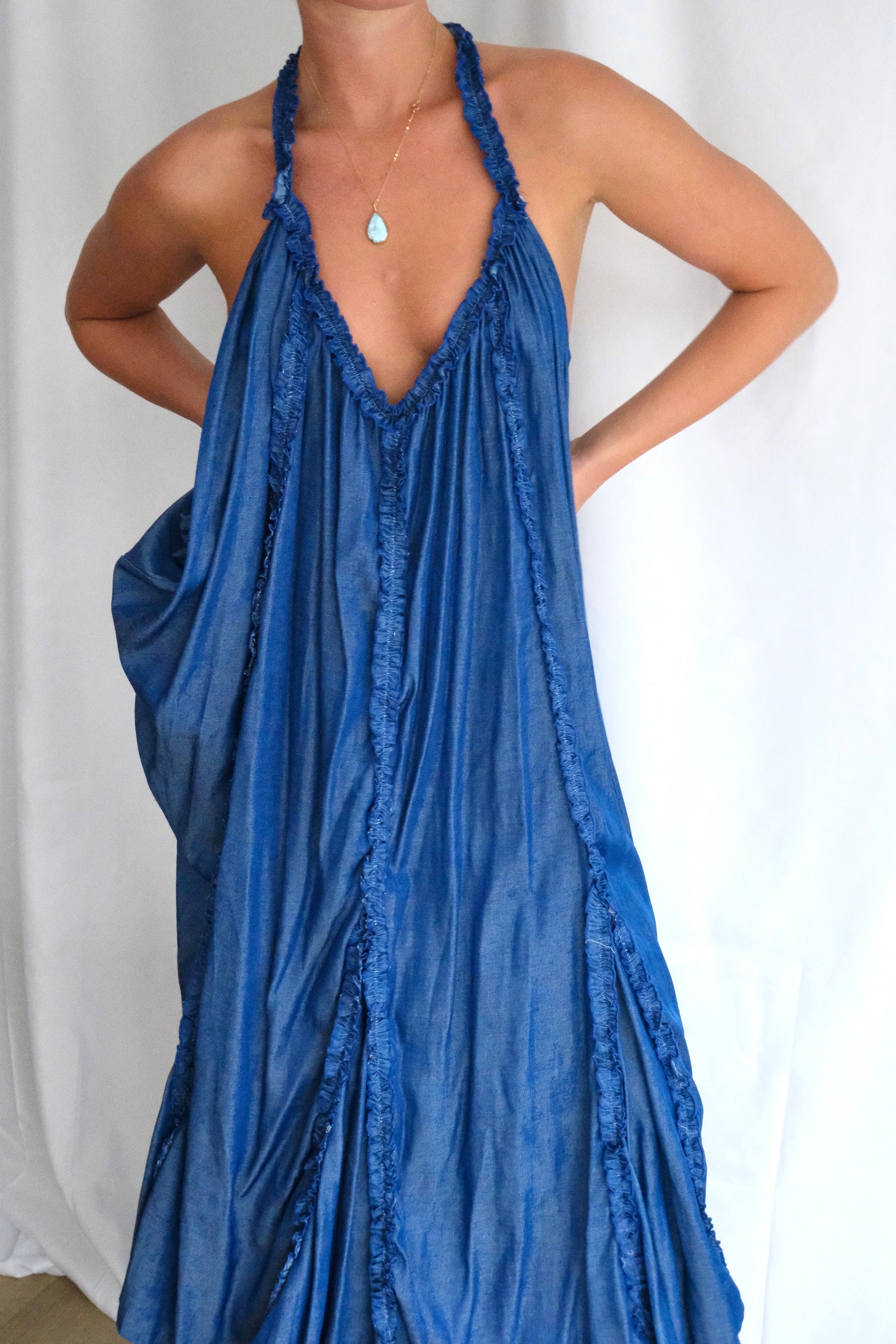 Indigo Ruffle Halter Dress
