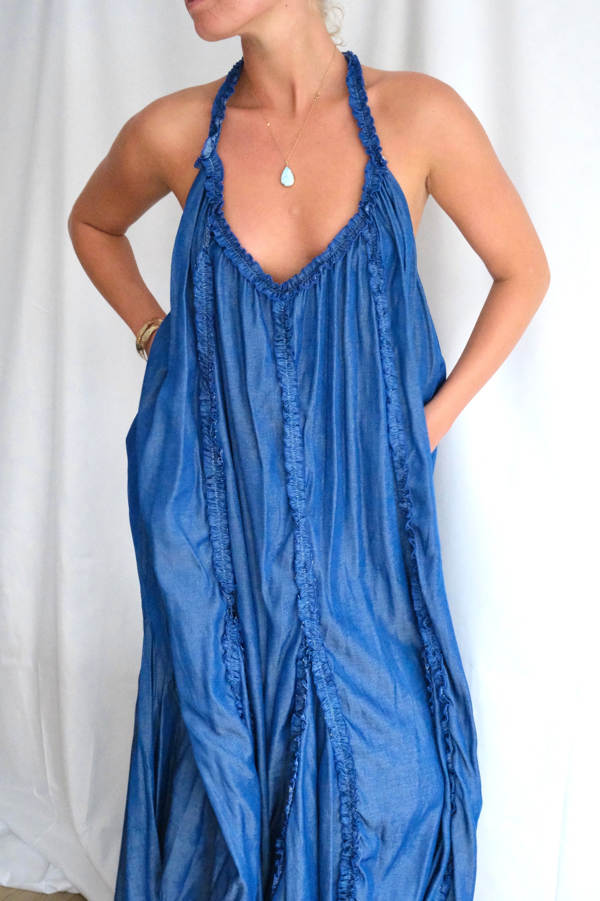 Indigo Ruffle Halter Dress
