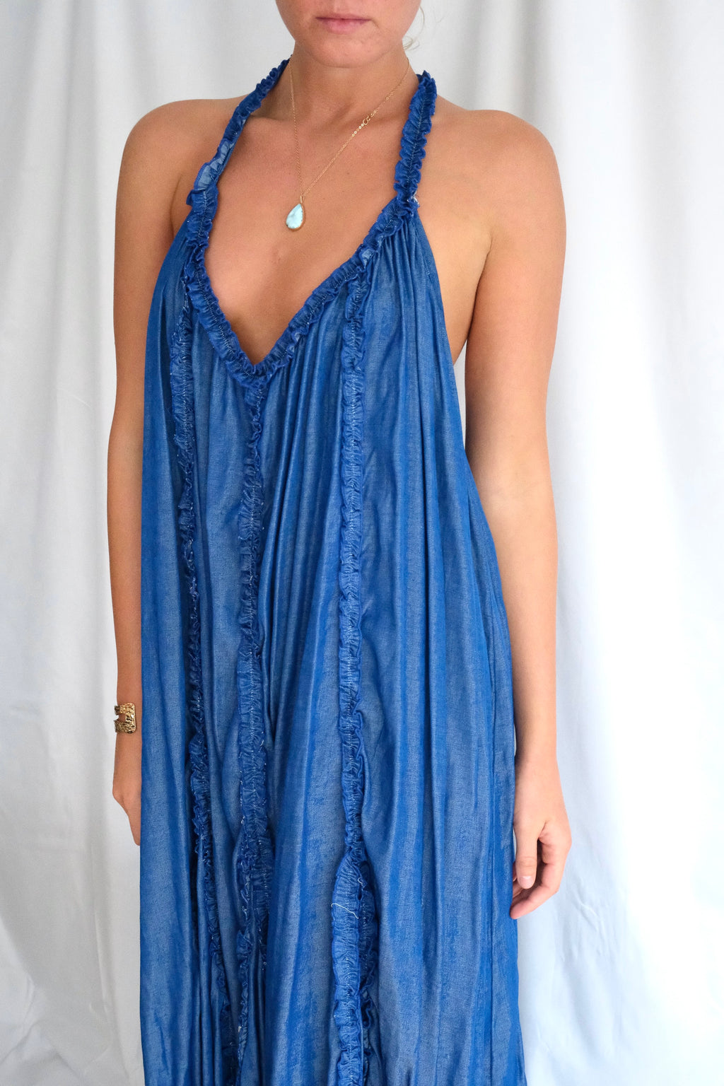 Indigo Ruffle Halter Dress