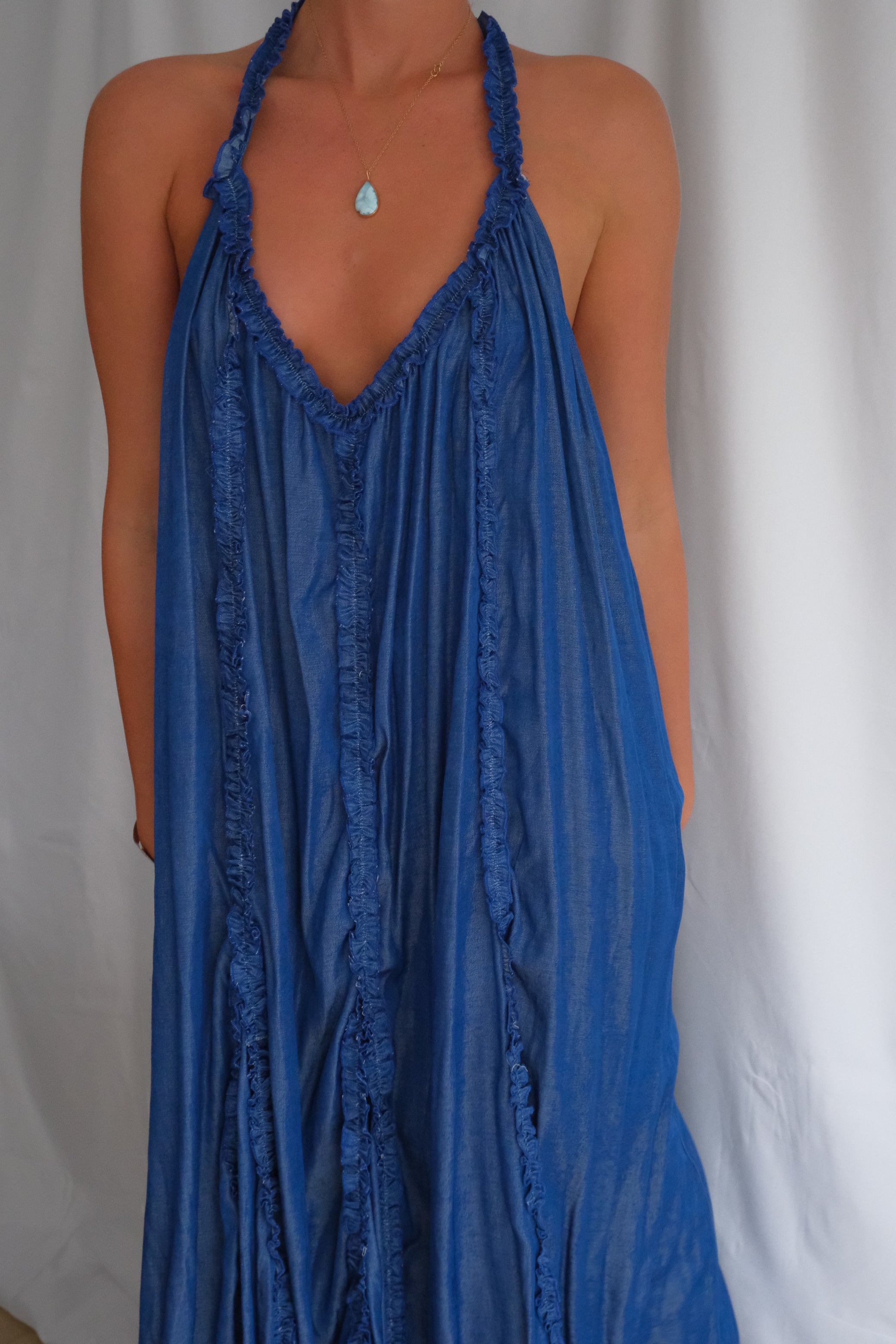 Indigo Ruffle Halter Dress
