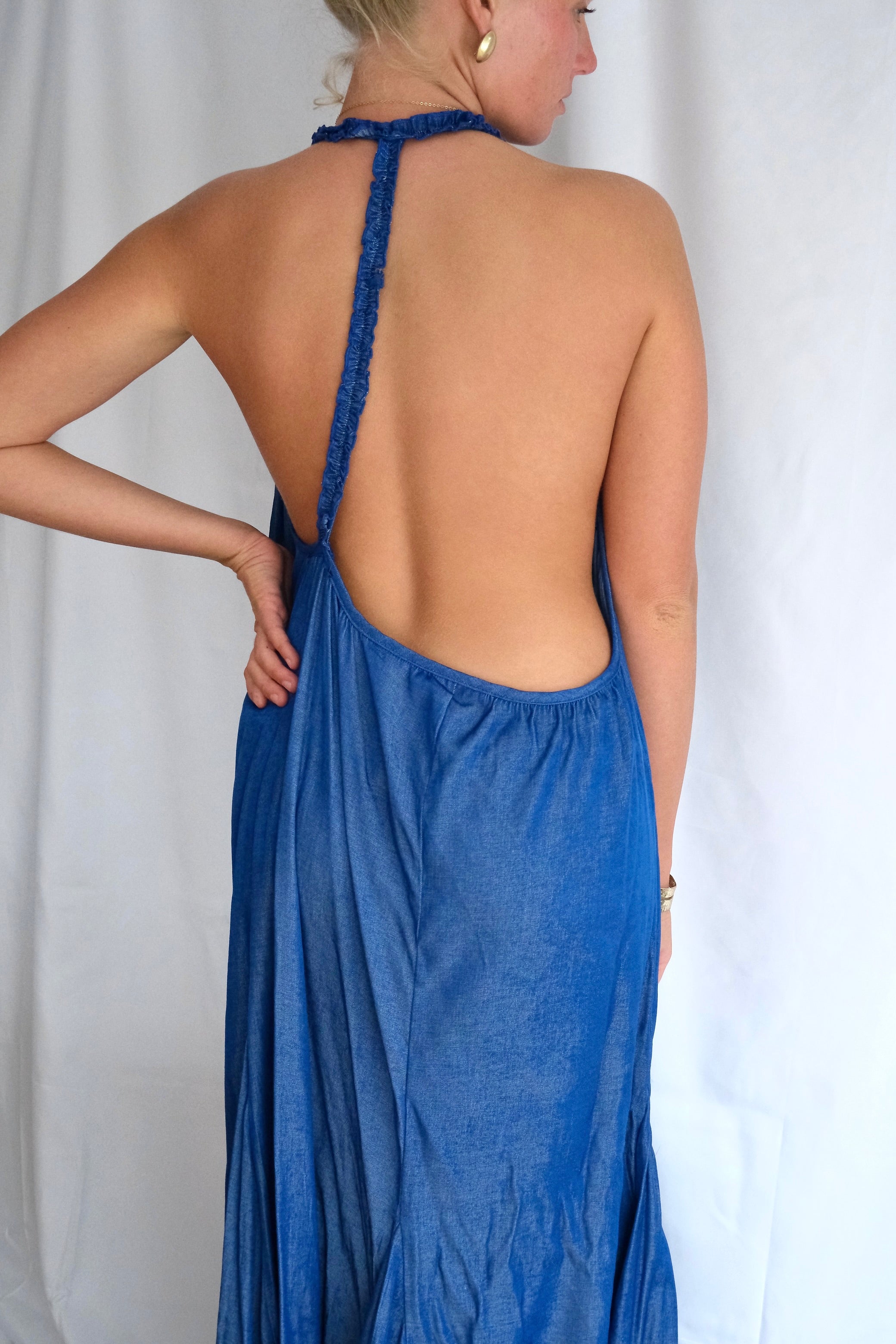 Indigo Ruffle Halter Dress