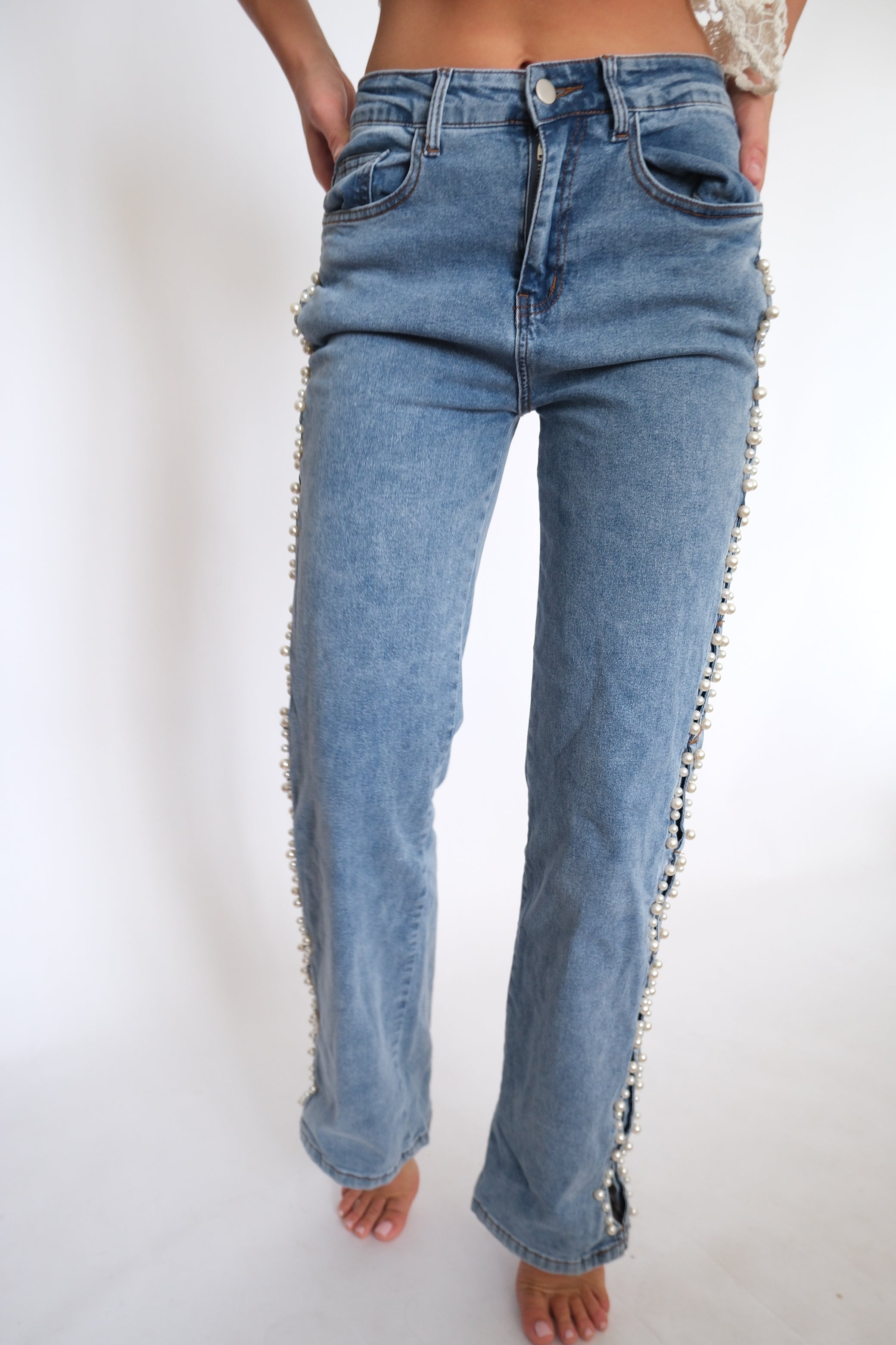 Pearl Cut-Out High-Waisted Straight Jeans