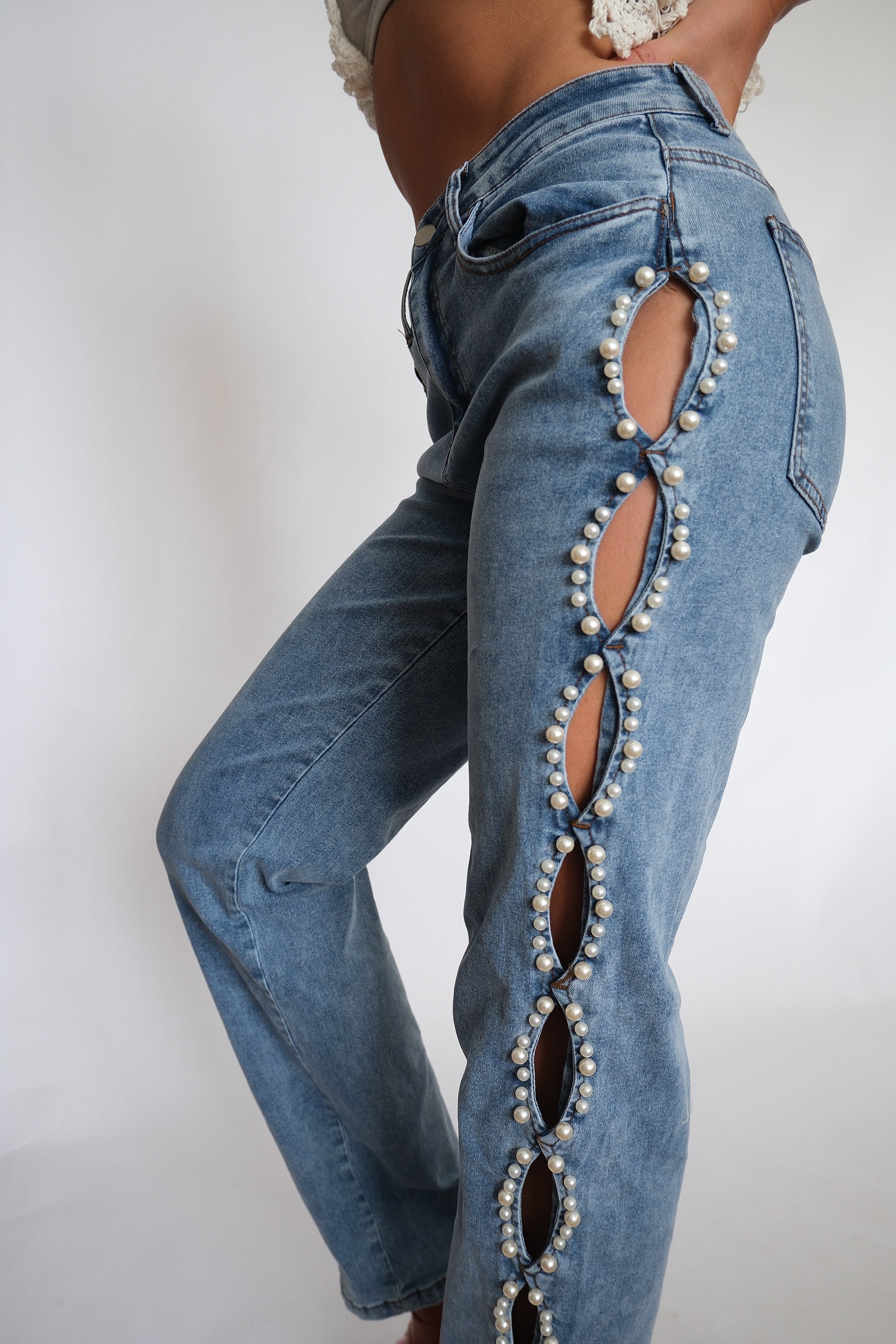 Pearl Cut-Out High-Waisted Straight Jeans