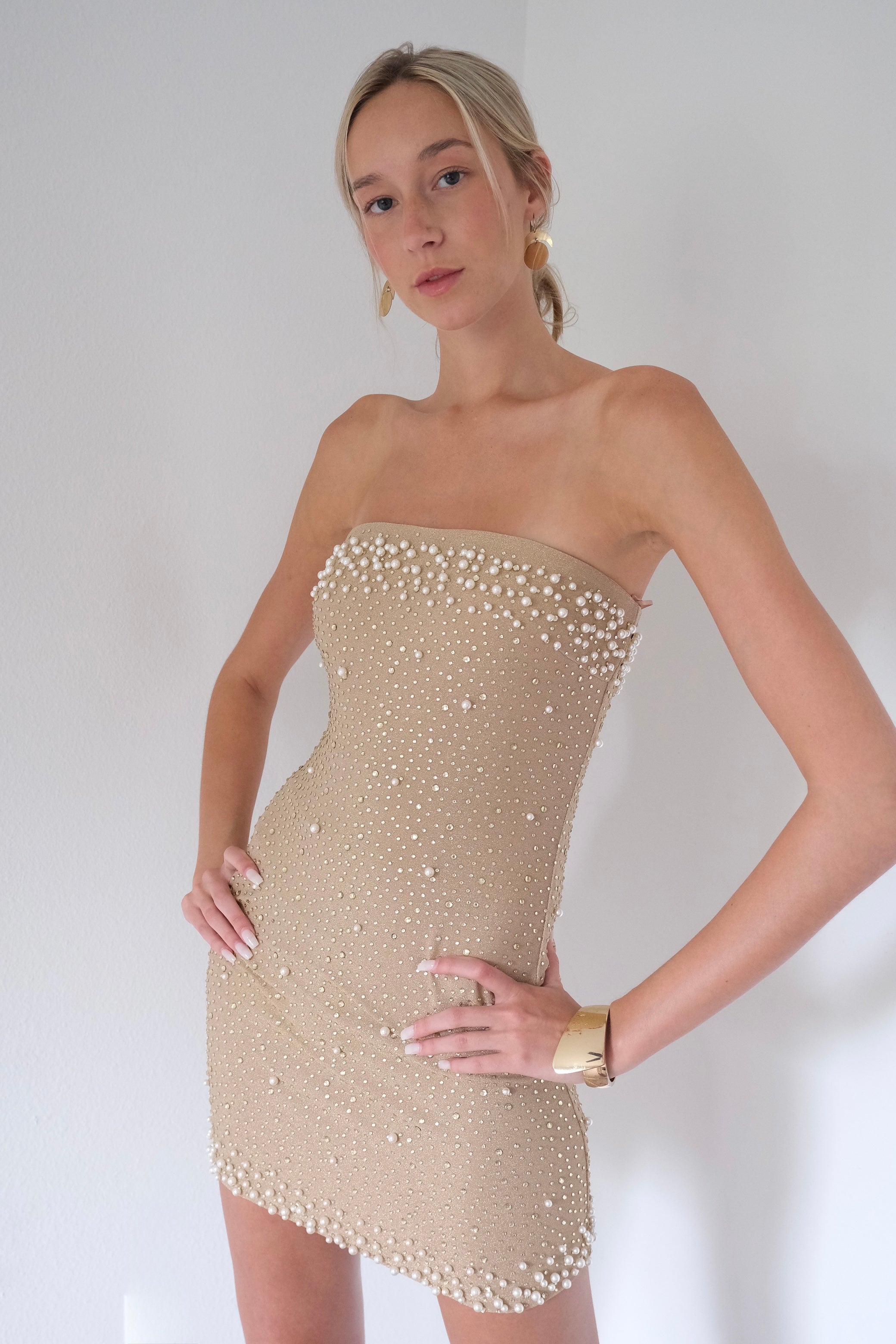 Pearl & Crystal Embellished Strapless Mini Dress